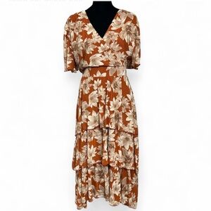 EMBER Floral Midi Dress PXL In Brown & Tan 3/4 Sleeves V-neck Tiered Skirt